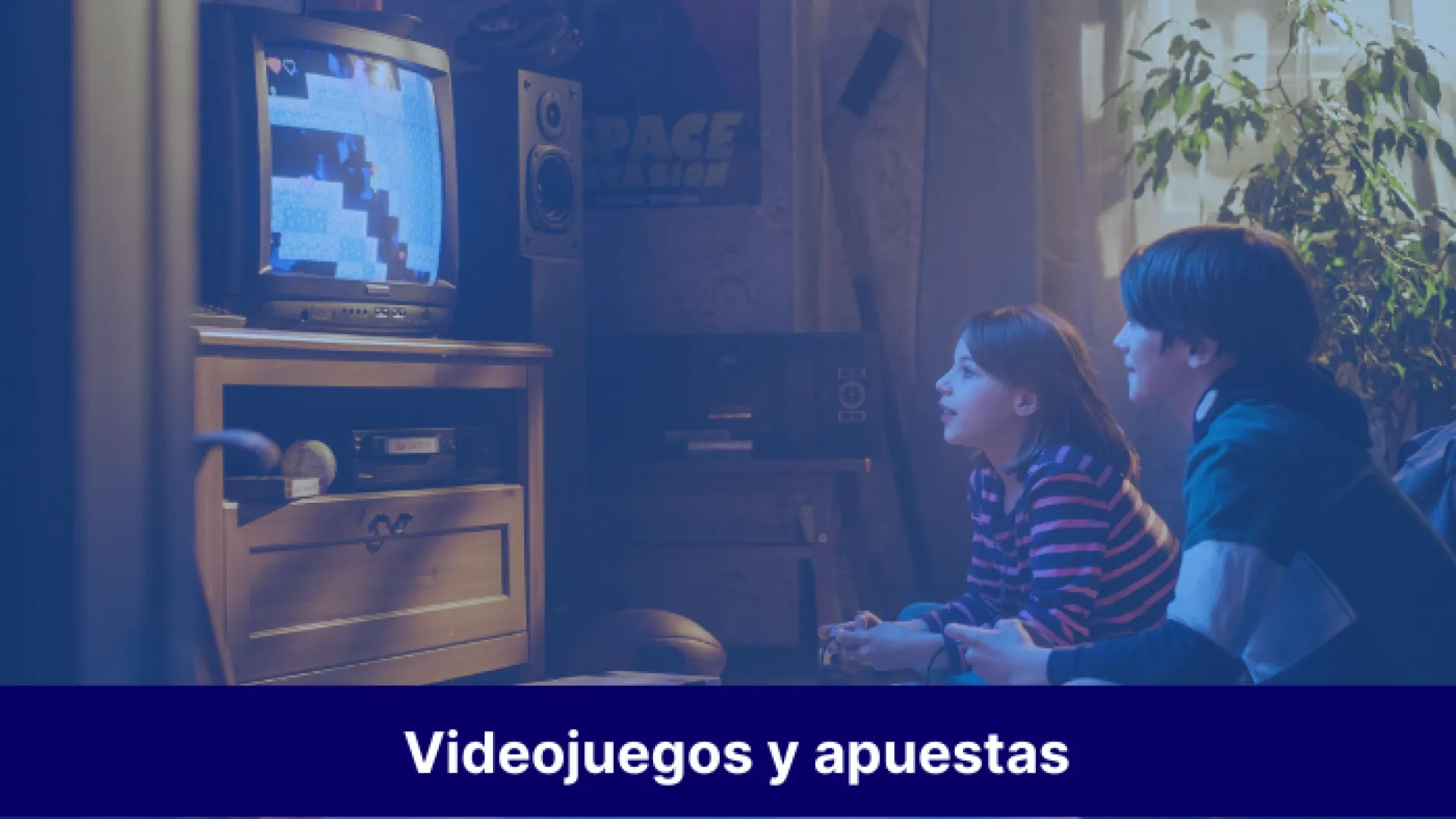 Niños jugando a videojuegos con texto inferior que pone: videojuegos y apuestas