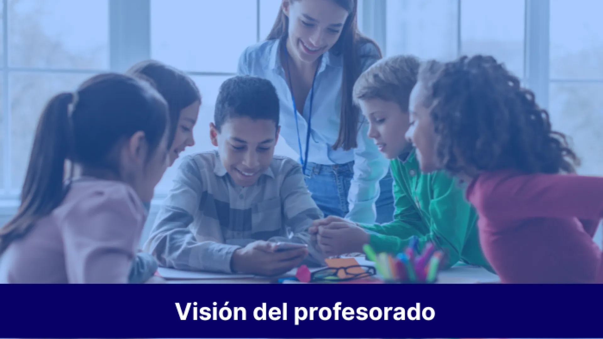 Niños en la escuela con la profesora y texto inferior que dice 'visión del profesorado'